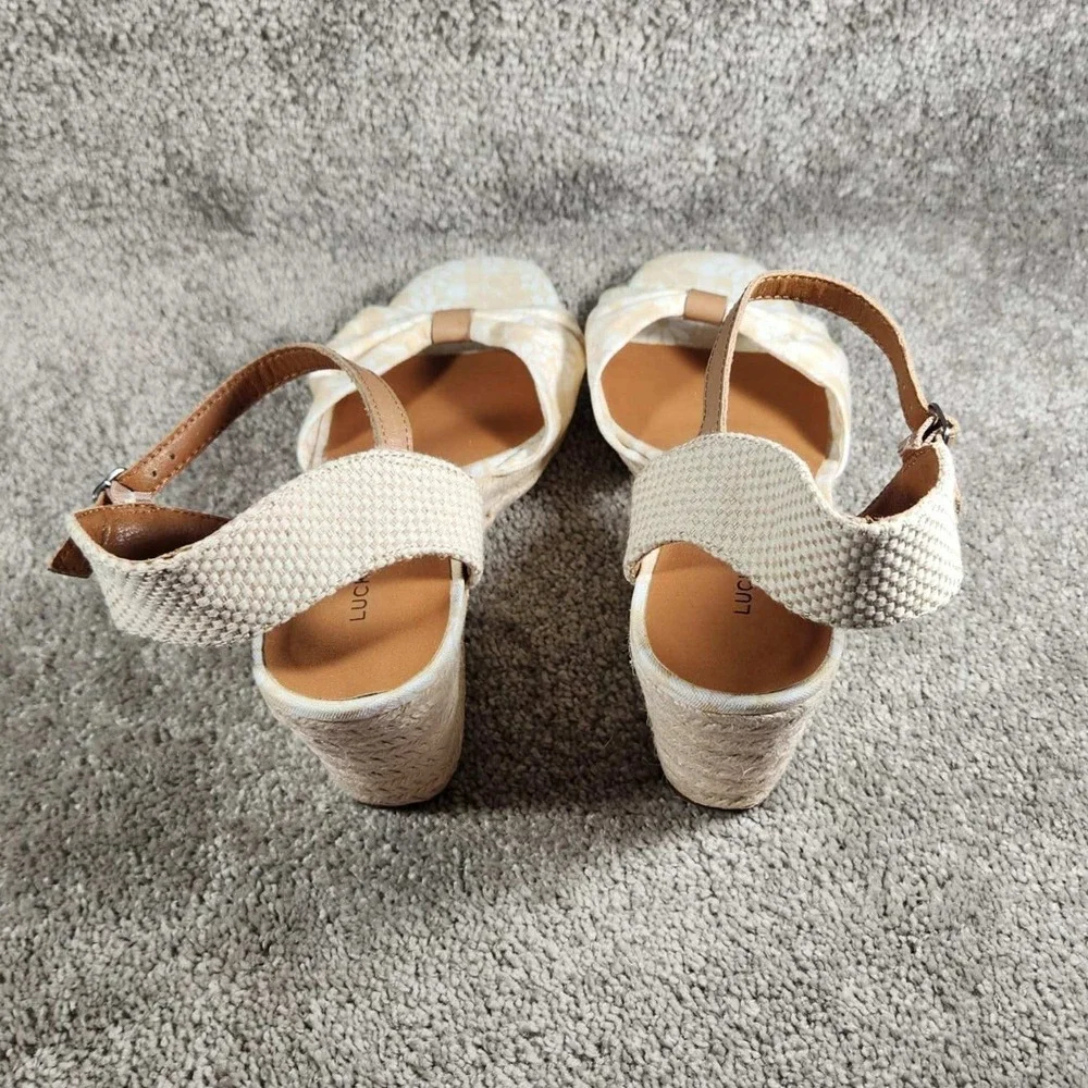Lucky Brand Macrimay Espadrille Wedge Floral Tan Sandals Womens 9M